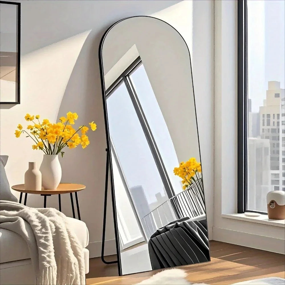 57"X21" Arched Full Length Mirror Aluminum Alloy Frame Floor Mirror, Black