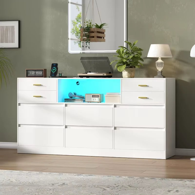 Loomie 10 Drawer White Dresser with Charging Station & Led Lights ,58" Long Triple Wide Dresser TV Stand for Tvs up to 65"