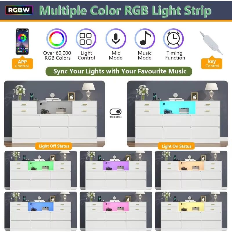 Loomie 10 Drawer White Dresser with Charging Station & Led Lights ,58" Long Triple Wide Dresser TV Stand for Tvs up to 65"