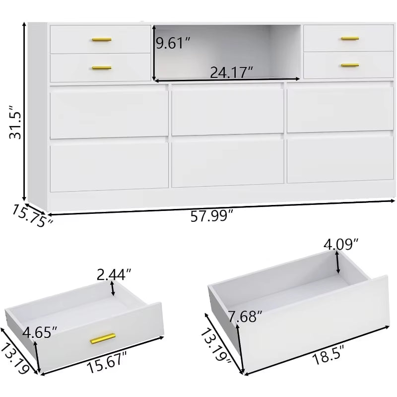 Loomie 10 Drawer White Dresser with Charging Station & Led Lights ,58" Long Triple Wide Dresser TV Stand for Tvs up to 65"