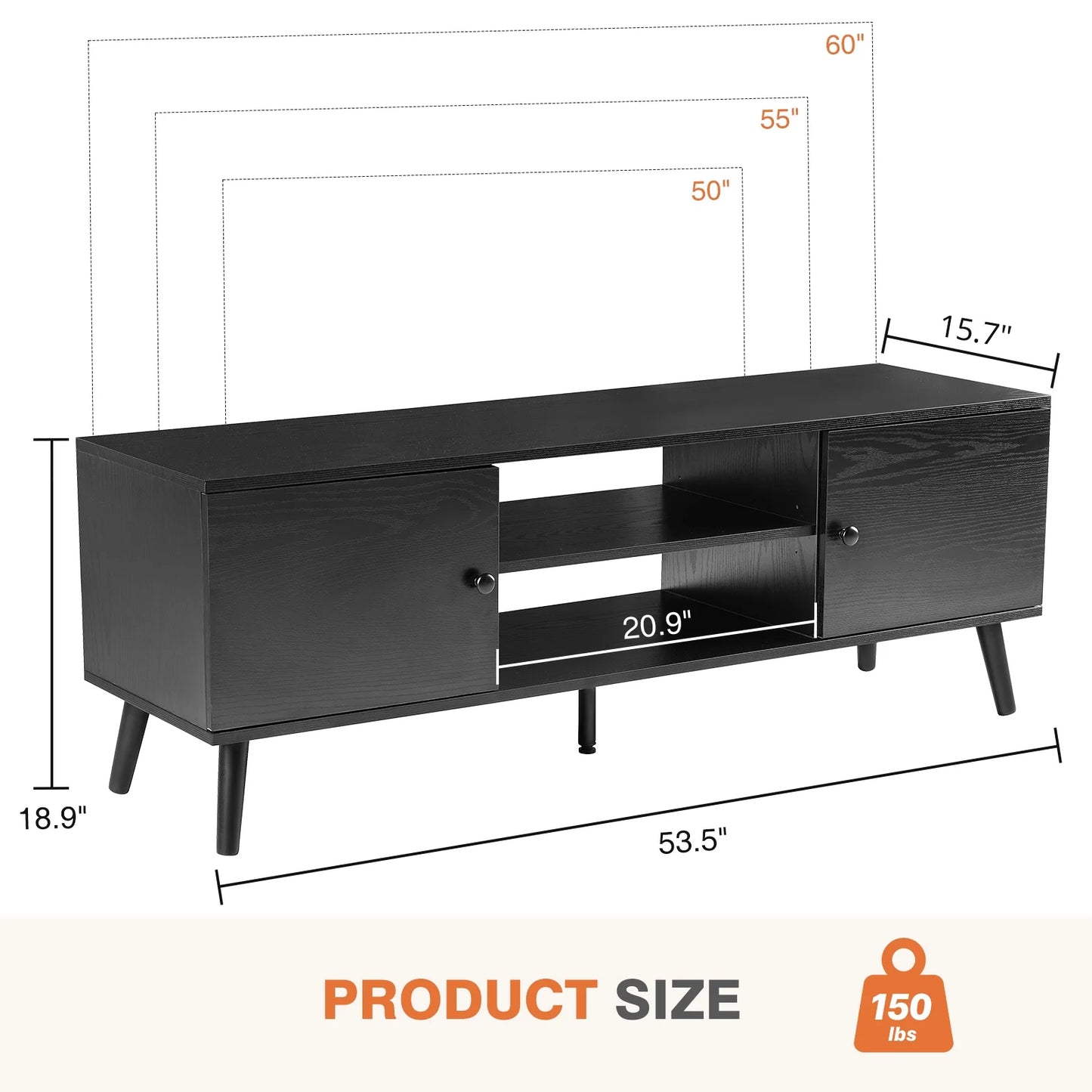 55 60-Inch TV Stand, Entertainment Center, Mid-Century Modern TV Media Console, Ample Storage Cabinet, Adjustable Wooden TV Table for Living Room or Bedroom, Black.
