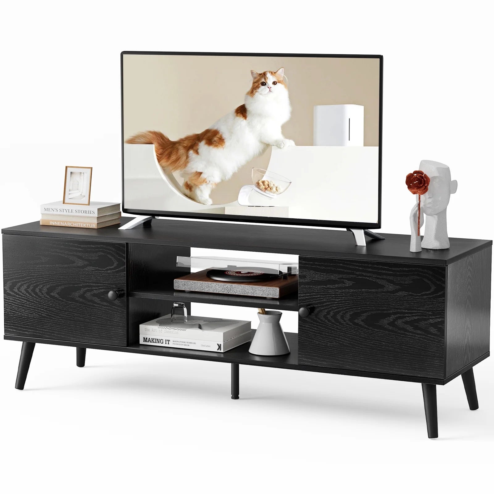 55 60-Inch TV Stand, Entertainment Center, Mid-Century Modern TV Media Console, Ample Storage Cabinet, Adjustable Wooden TV Table for Living Room or Bedroom, Black.