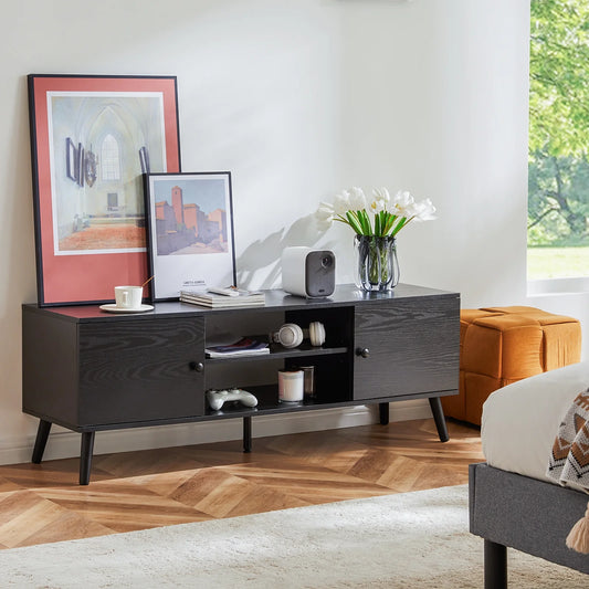 55 60-Inch TV Stand, Entertainment Center, Mid-Century Modern TV Media Console, Ample Storage Cabinet, Adjustable Wooden TV Table for Living Room or Bedroom, Black.