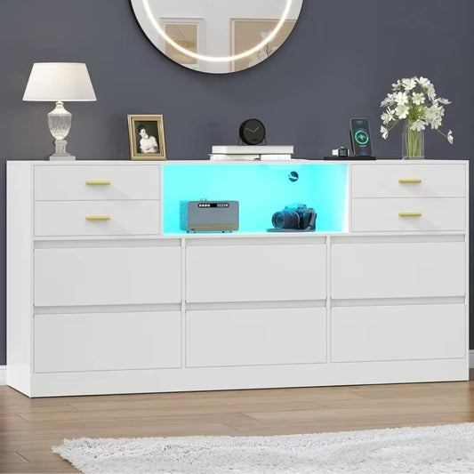 Loomie 10 Drawer White Dresser with Charging Station & Led Lights ,58" Long Triple Wide Dresser TV Stand for Tvs up to 65"