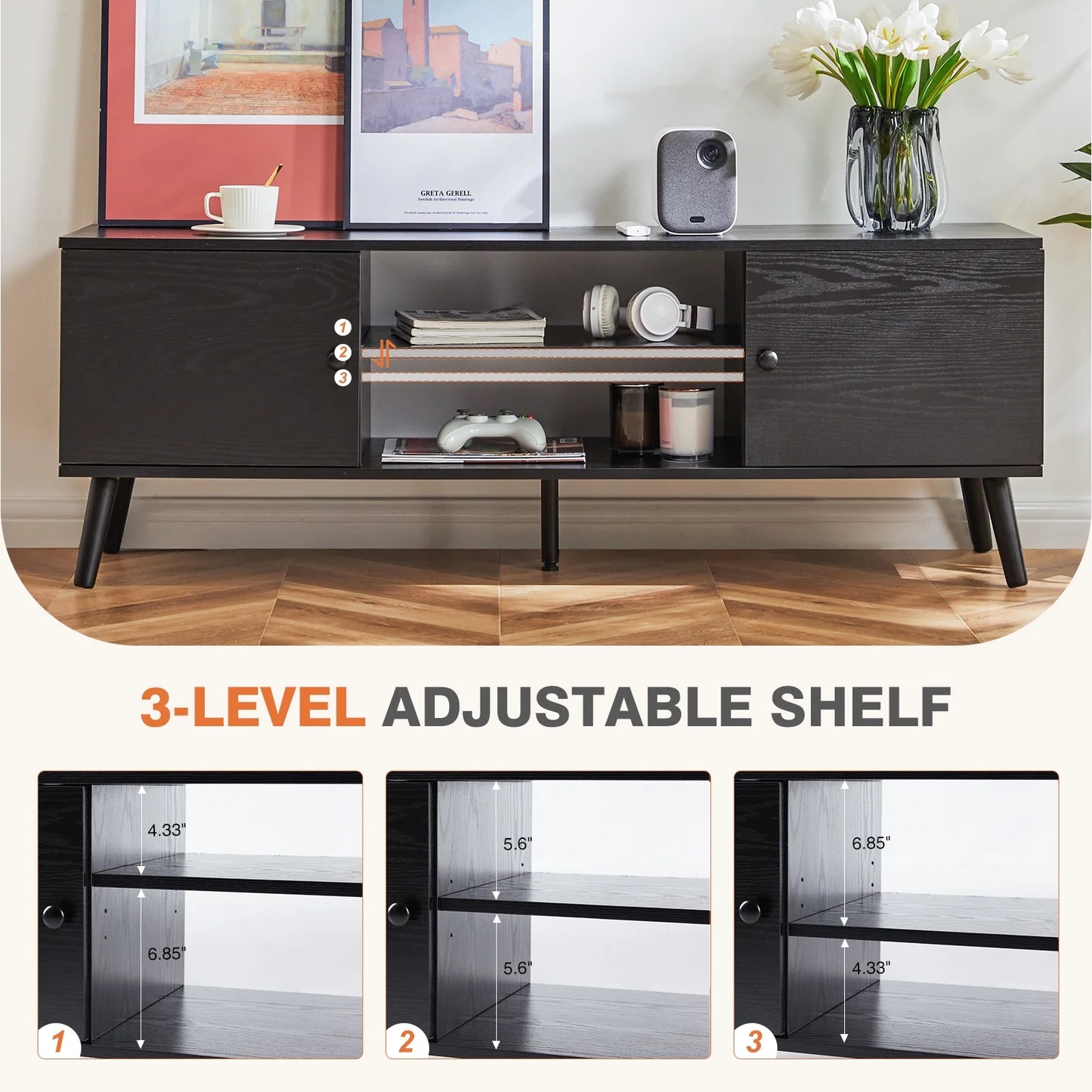 55 60-Inch TV Stand, Entertainment Center, Mid-Century Modern TV Media Console, Ample Storage Cabinet, Adjustable Wooden TV Table for Living Room or Bedroom, Black.