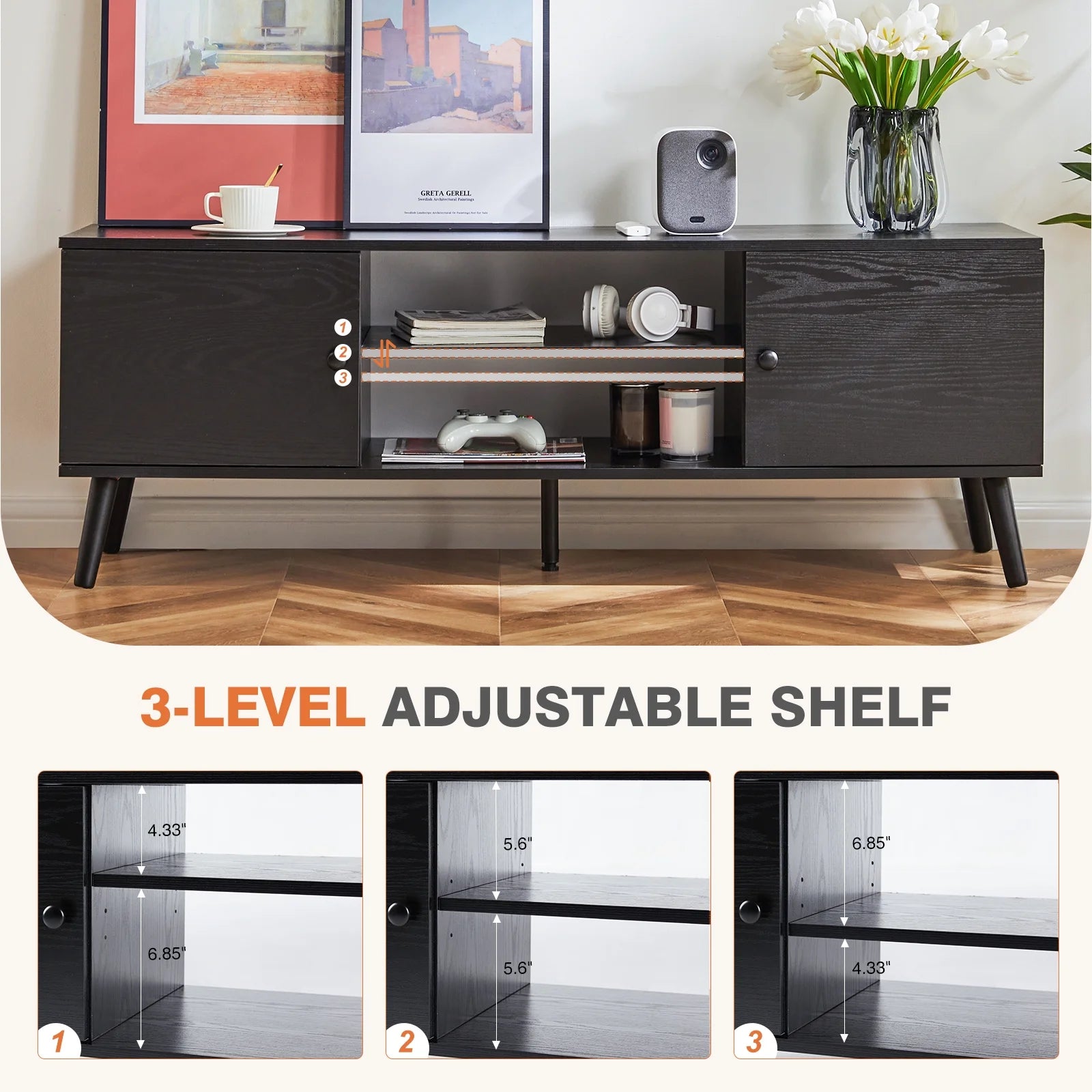 55 60-Inch TV Stand, Entertainment Center, Mid-Century Modern TV Media Console, Ample Storage Cabinet, Adjustable Wooden TV Table for Living Room or Bedroom, Black.