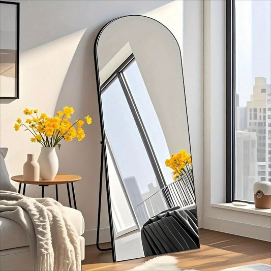 57"X21" Arched Full Length Mirror Aluminum Alloy Frame Floor Mirror, Black