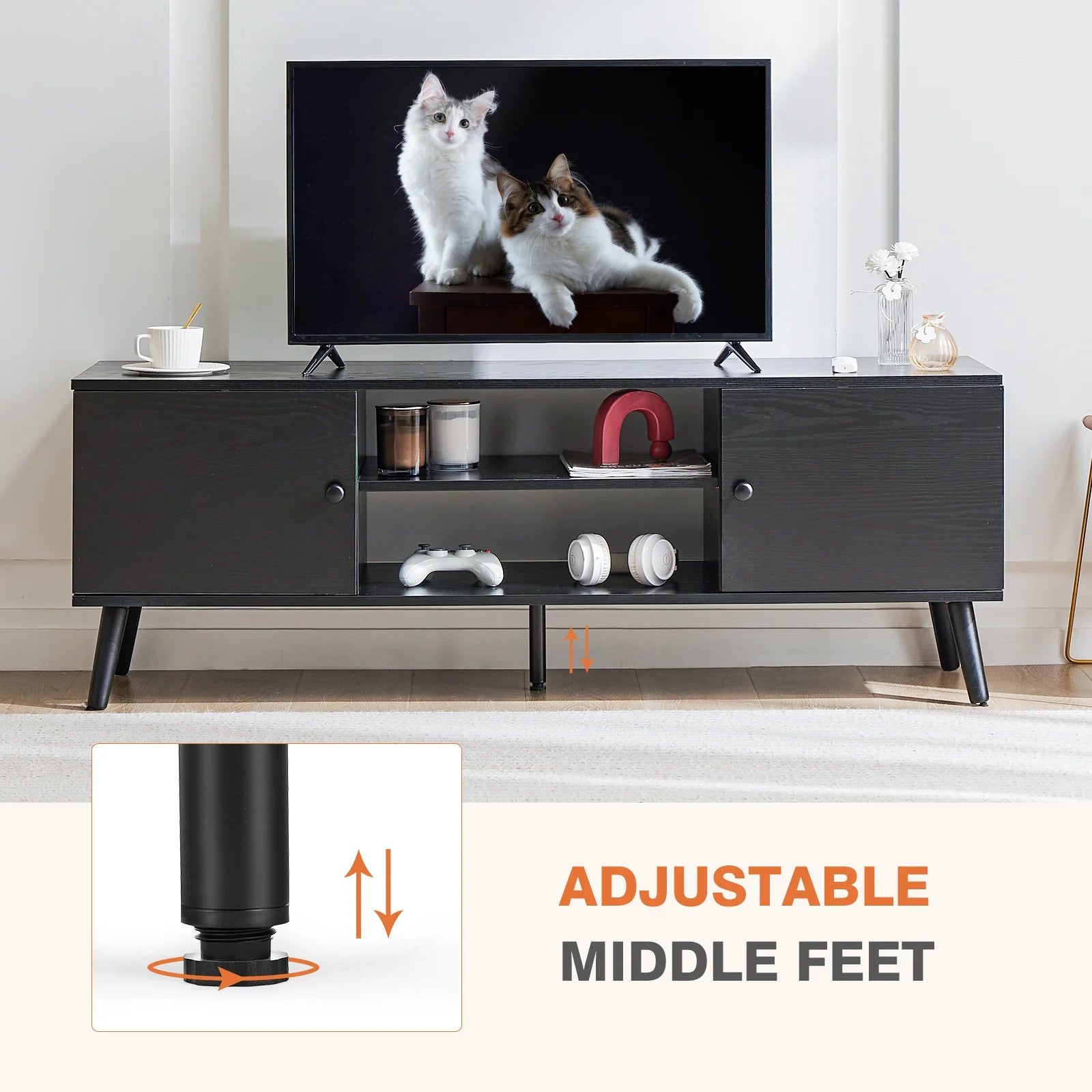 55 60-Inch TV Stand, Entertainment Center, Mid-Century Modern TV Media Console, Ample Storage Cabinet, Adjustable Wooden TV Table for Living Room or Bedroom, Black.