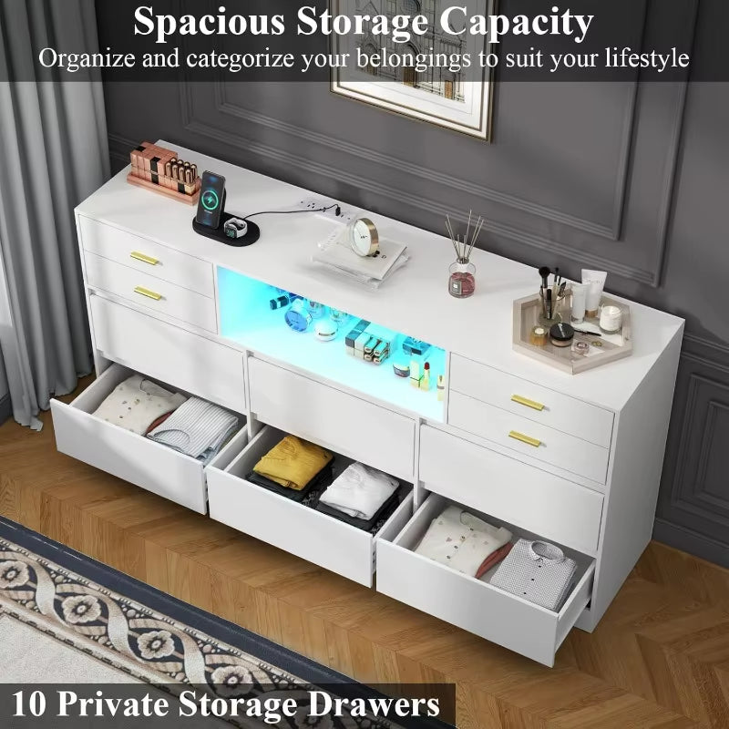Loomie 10 Drawer White Dresser with Charging Station & Led Lights ,58" Long Triple Wide Dresser TV Stand for Tvs up to 65"