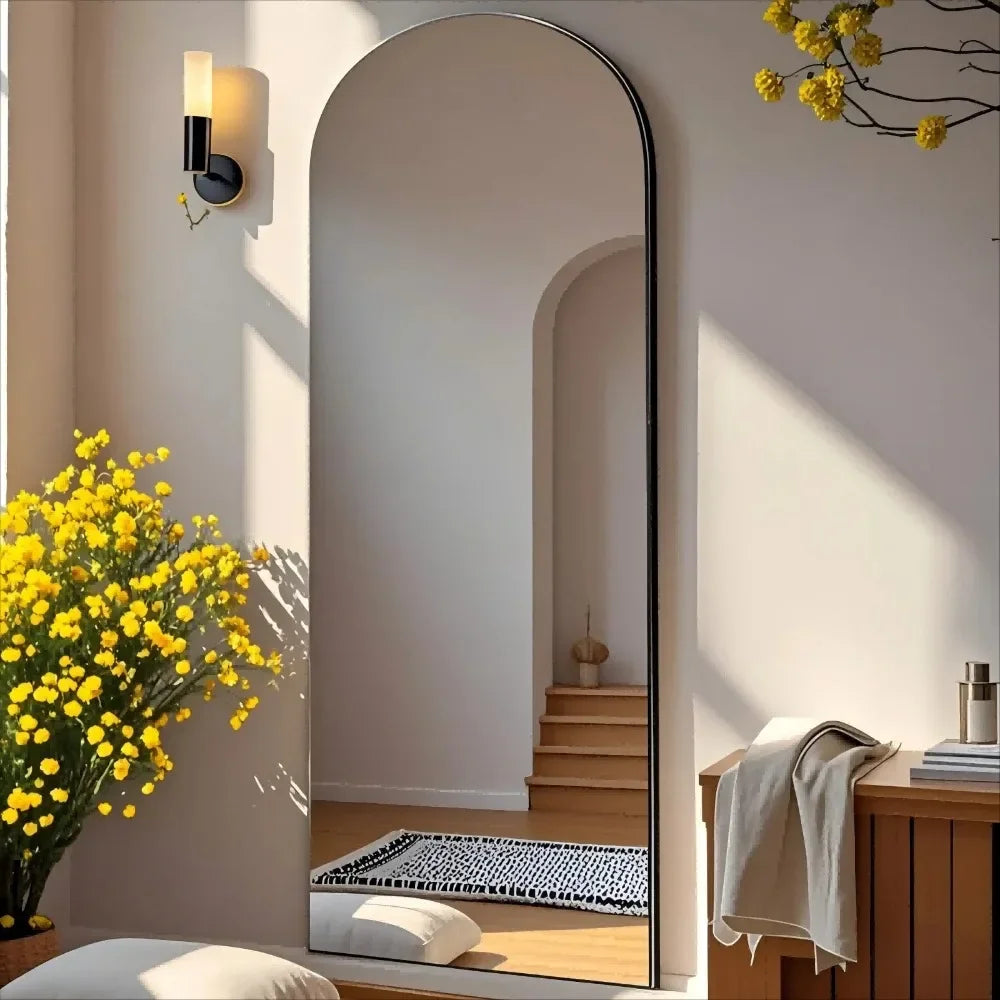 57"X21" Arched Full Length Mirror Aluminum Alloy Frame Floor Mirror, Black