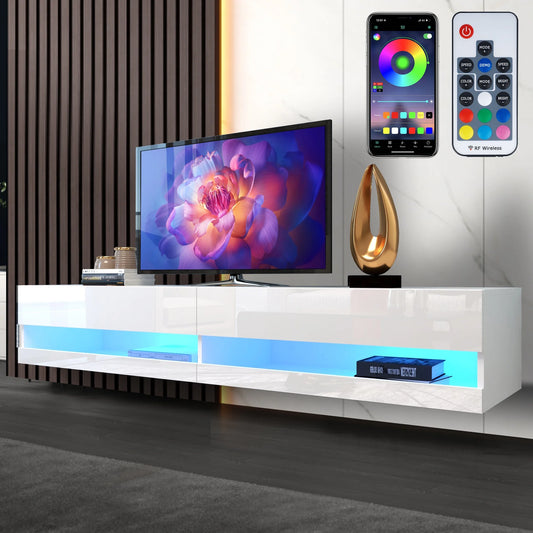 60" Floating TV Stand with LED Lights for 60/65Inch TV, High Gloss Wall Mounted Entertainment Center Console with Large Storage, Modern TV Media Console Cabinet(White)